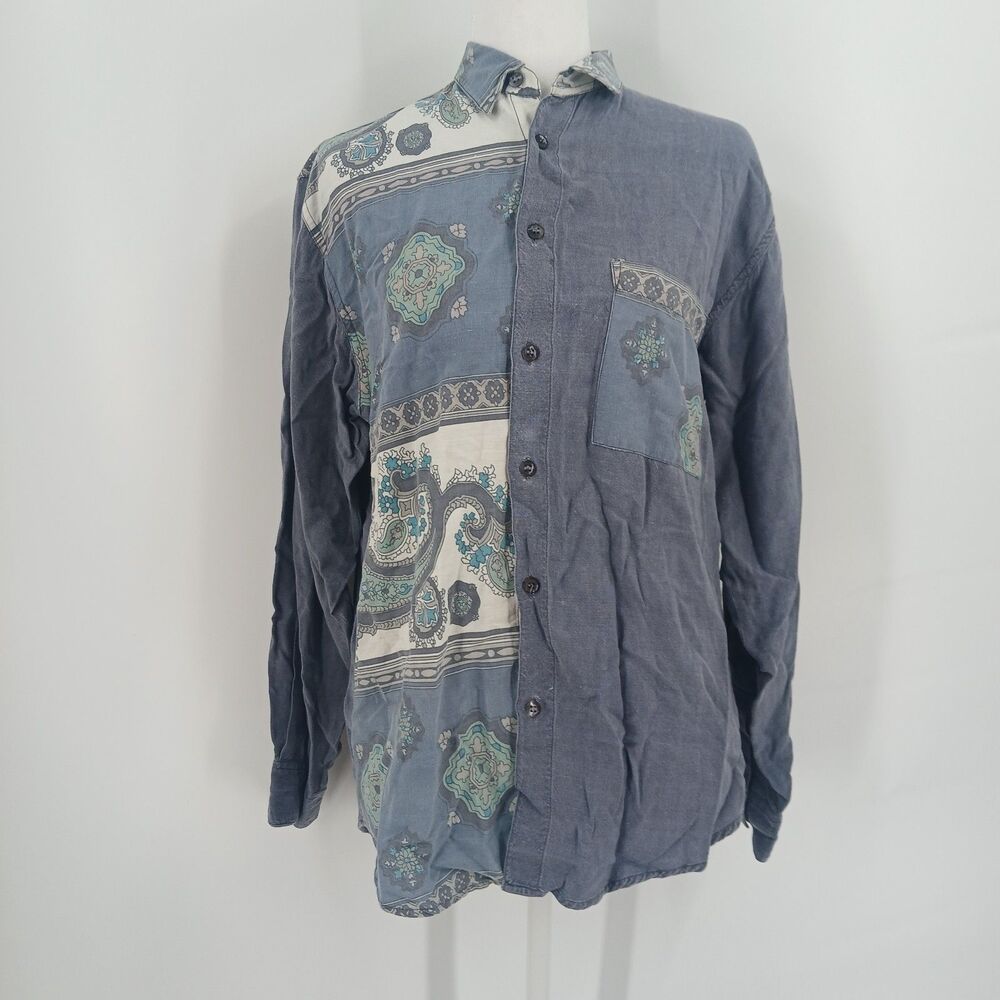 Vintage Protest Denim Long Sleeve Button Up Shirt Floral Graphic Blue size large